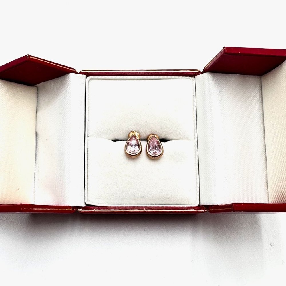 Estate 14K Yellow Gold Pink Cubic Zirconia Teardrop Pierced Stud Earrings - Picture 3 of 3